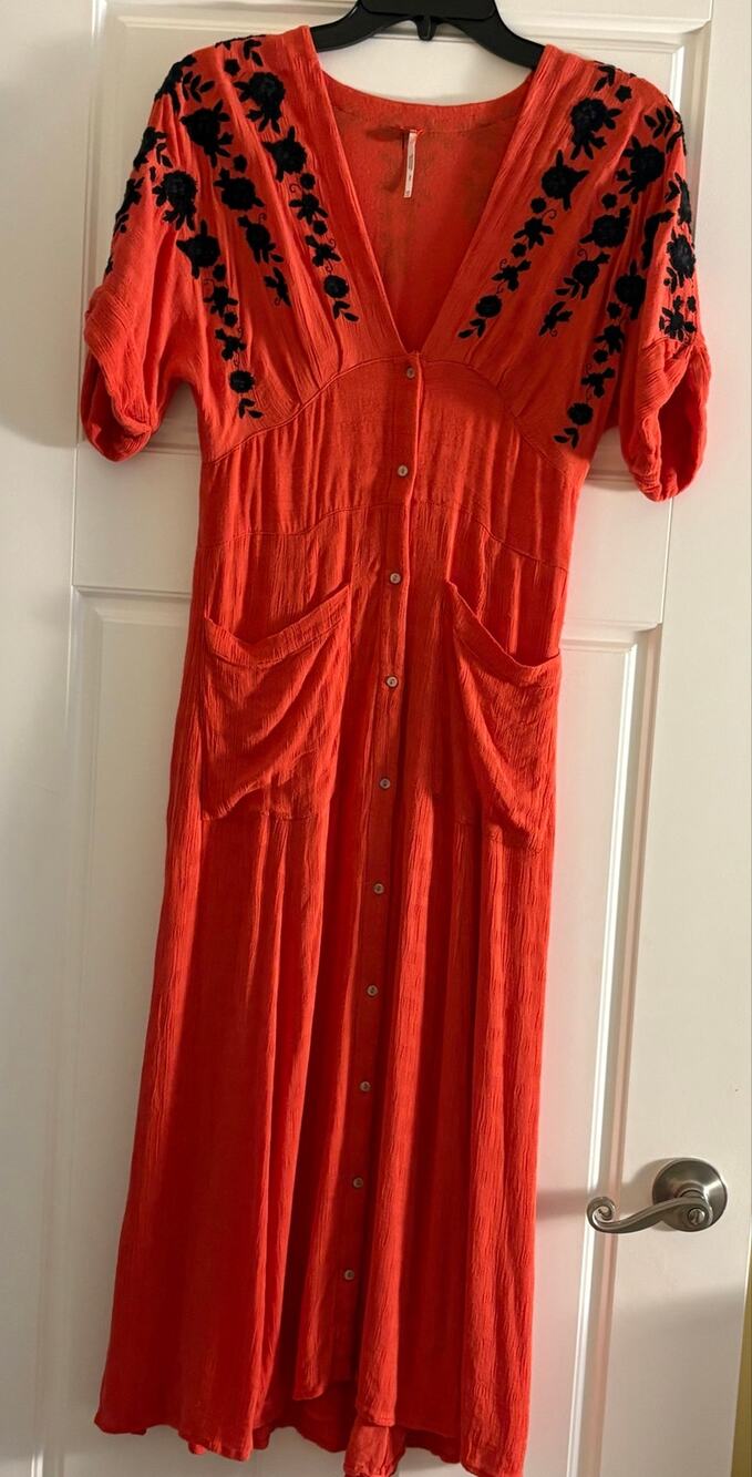 Free People Love to Love You Embroidered Midi Dress XS Orange Black Boho